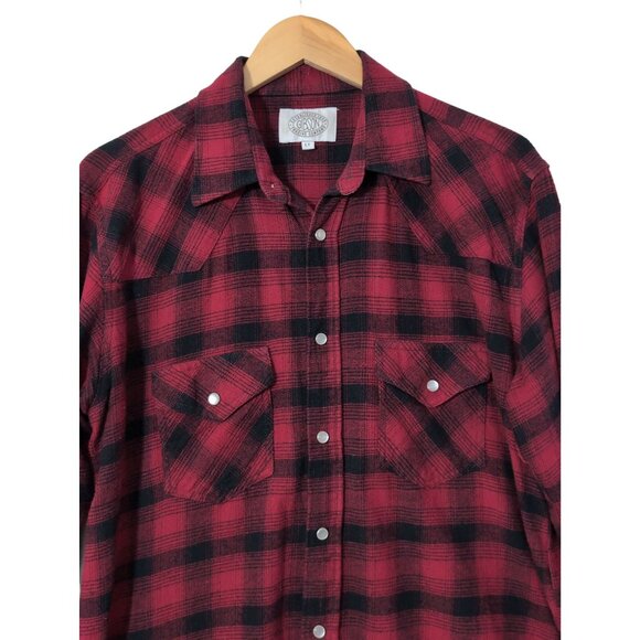 Gibson Flannel Shirt Mens L Tall Red Black Plaid Pearl Snap Country Western - Picture 2 of 7